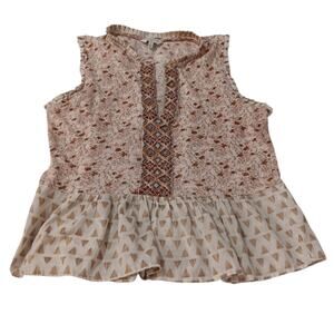 LUCKY BRAND Floral‎ Cottagecore Top Blouse SM Ruffle Peplum Embroidered Festival